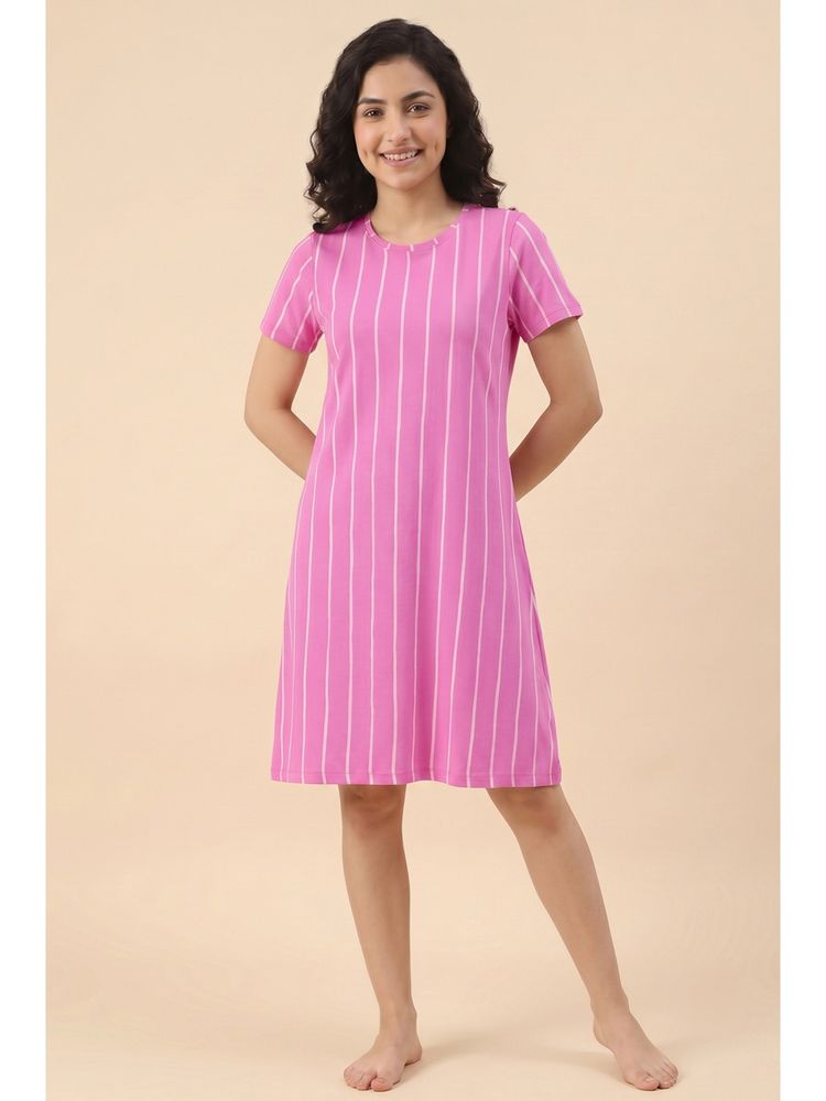 Zivame Women's Thin Stripes Knit Cotton Knee Length Nightdress - Spring Crocus-picture-16