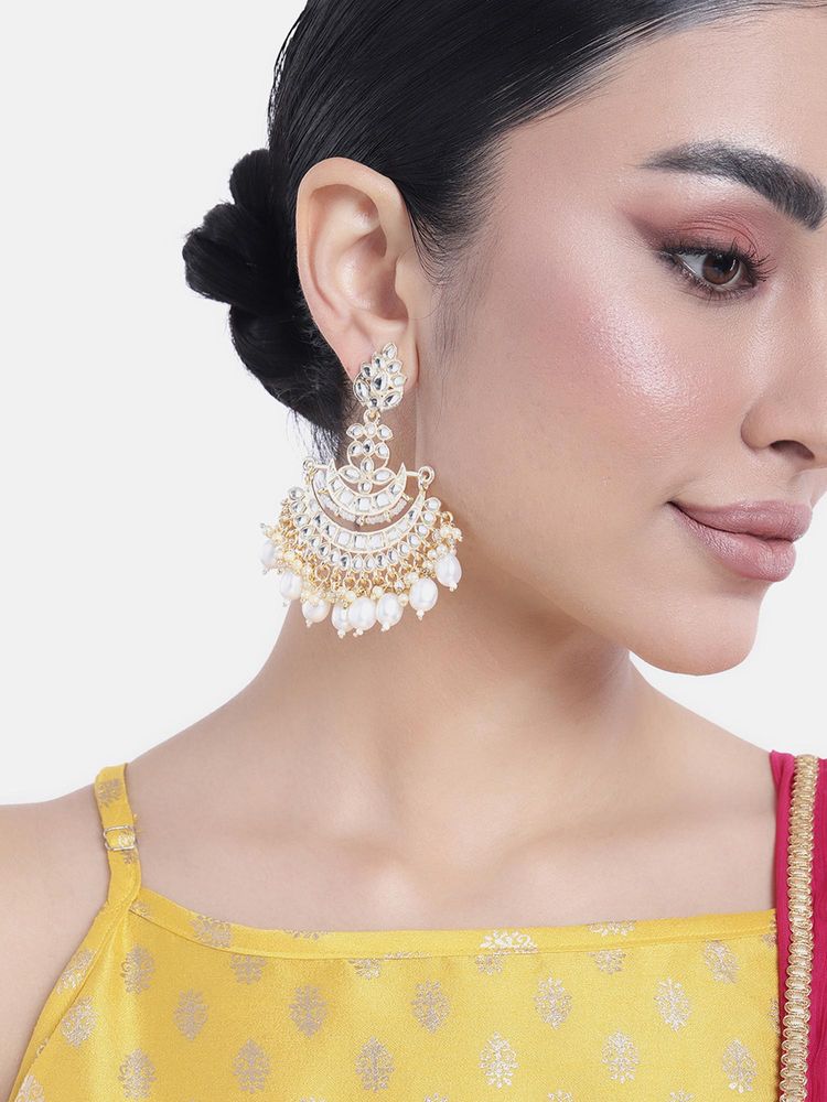 Peora Gold Plated White Kundan Chandbali Earrings-image-28