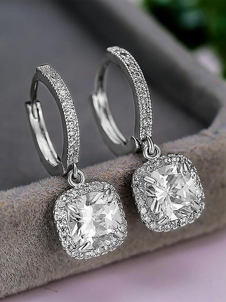 Peora American Diamond Silver Plated White Hoop Earrings-picture-1
