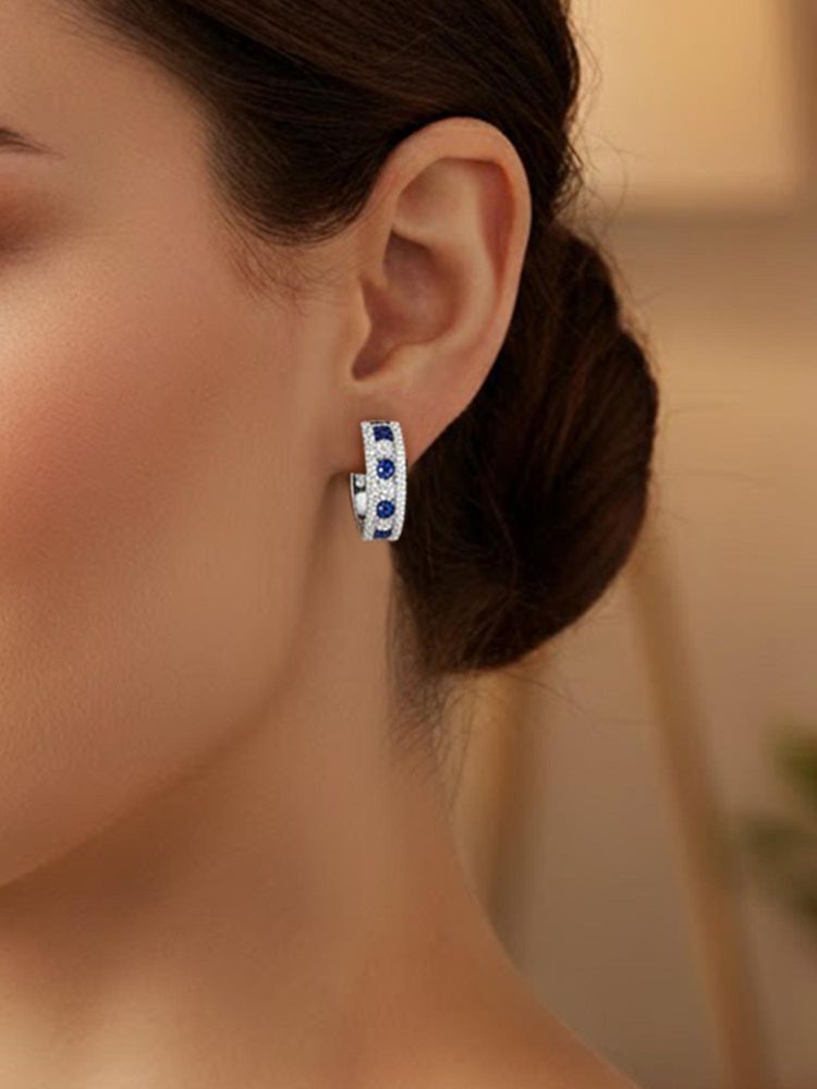 Peora Silver Plated Blue Crystals Fancy Hoop Earrings-image-39
