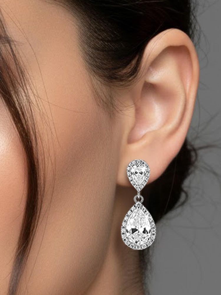Peora Silver Plated White Cubic Zirconia & Crystal Drop Earrings-image-38