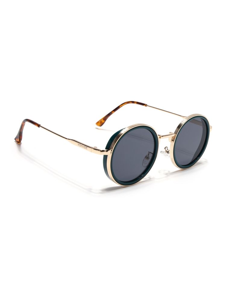 Voyage Round Sunglasses for Men & Women (Black Lens|Golden & Green Frame)-image-12