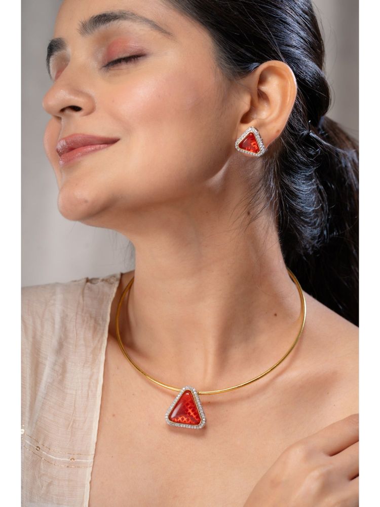 AARSEE OFFICIAL Red Anti-Tarnish 22Kt Gold-Plated Pendent and Earring Set-image-0