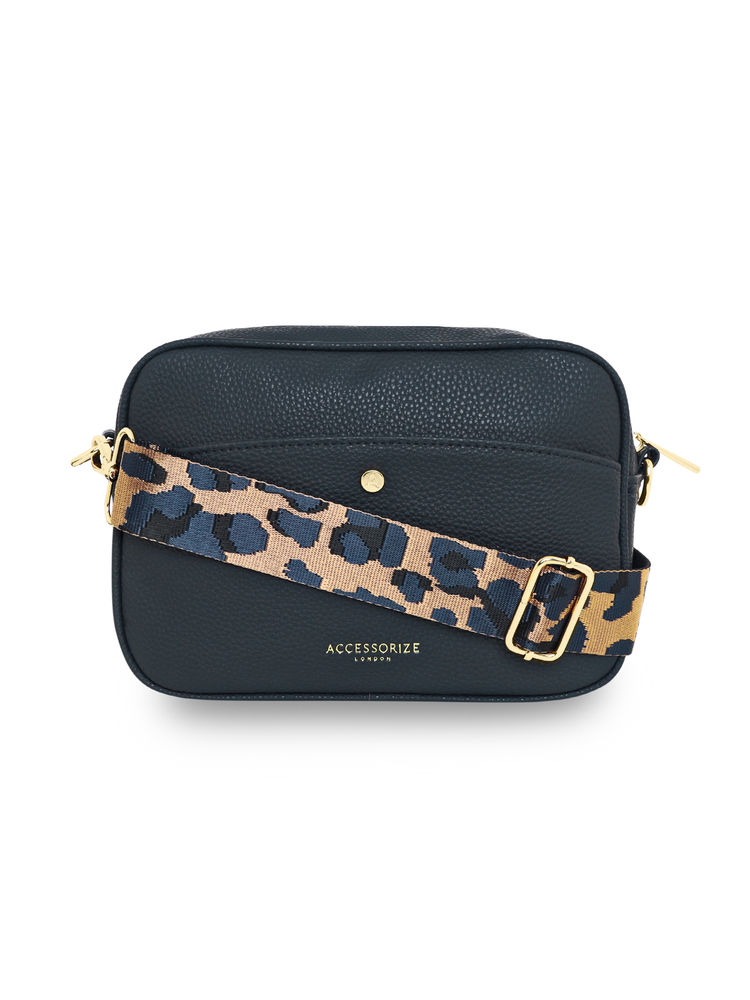 Accessorize London Women's Faux Leather Navy Leopard strap camera Sling bag-picture-24