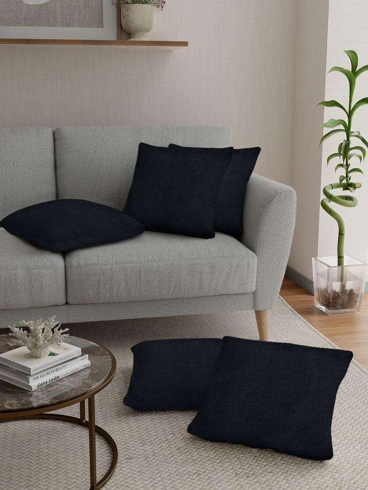 FABINALIV Pack of 5 Black Solid Rabbit Fur Square Cushion Covers-image-28