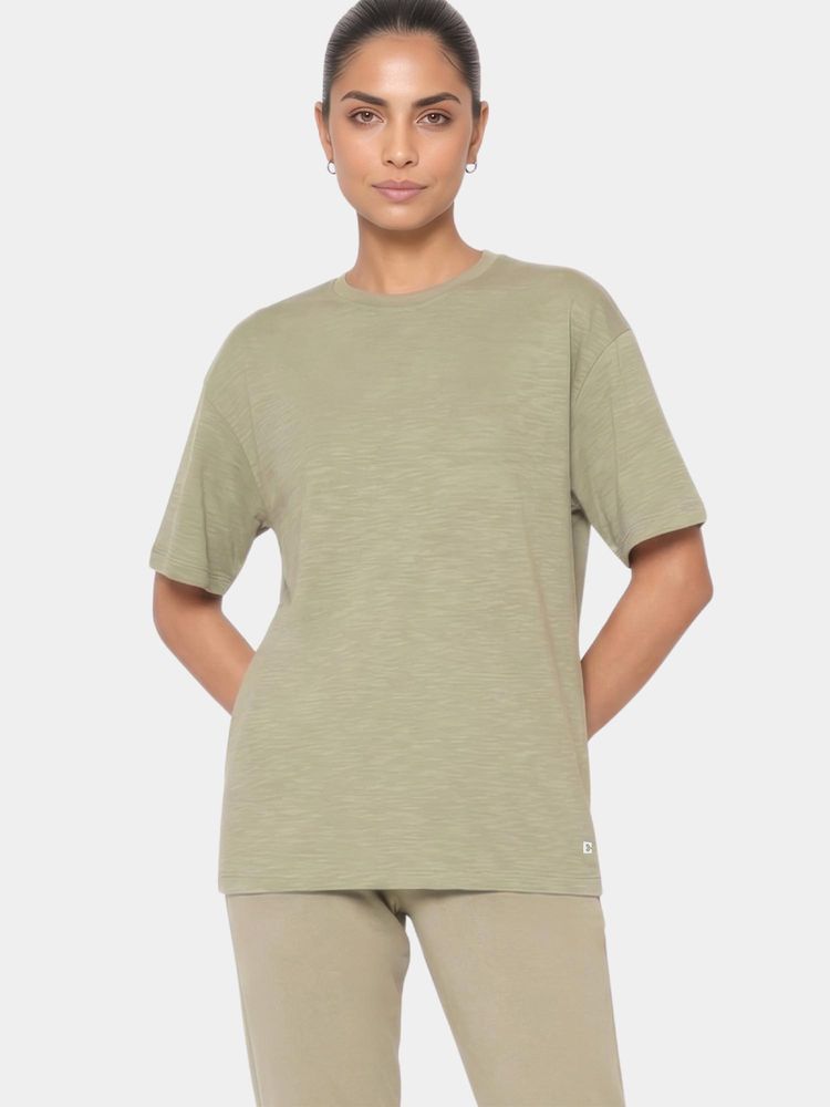 Enamor Oversized Drop Shoulder Olive T-Shirt-image-0