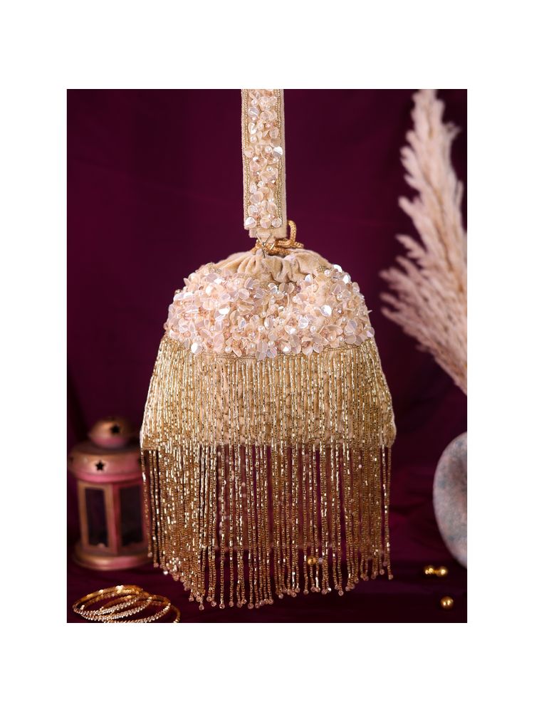 SWISNI Beige Sequence tassle Potli Bag-picture-35