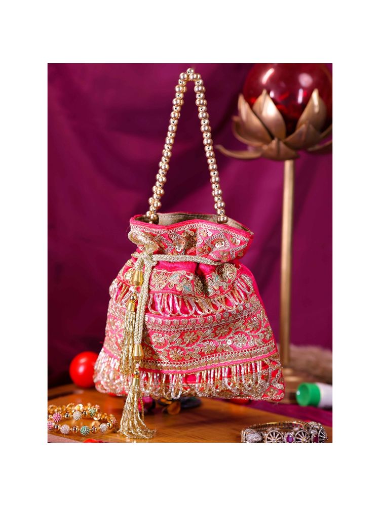 SWISNI Pink Mirror Lace Potli Bag-image-31