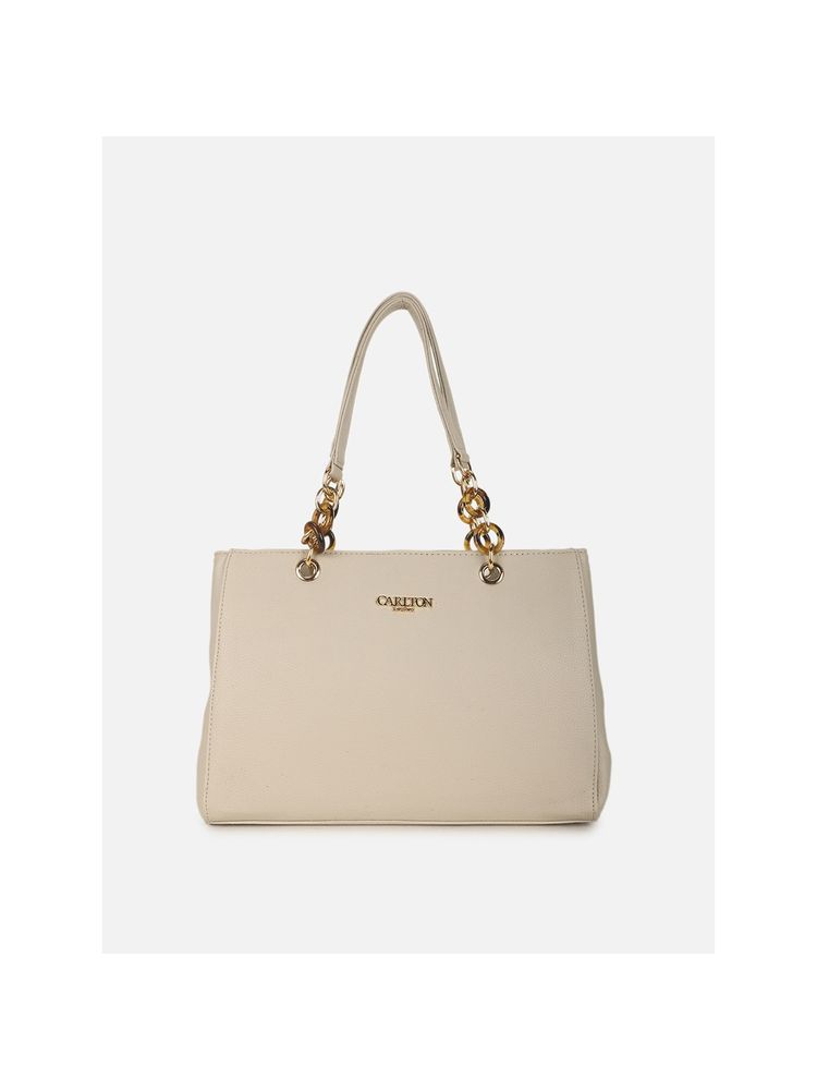 Carlton London Cream Solid Tote Bag with Gold Chain-Link Handles-image-14