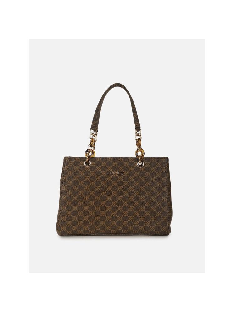 Carlton London Brown Monogram Tote Bag with Gold Chain-Link Handles-image-16