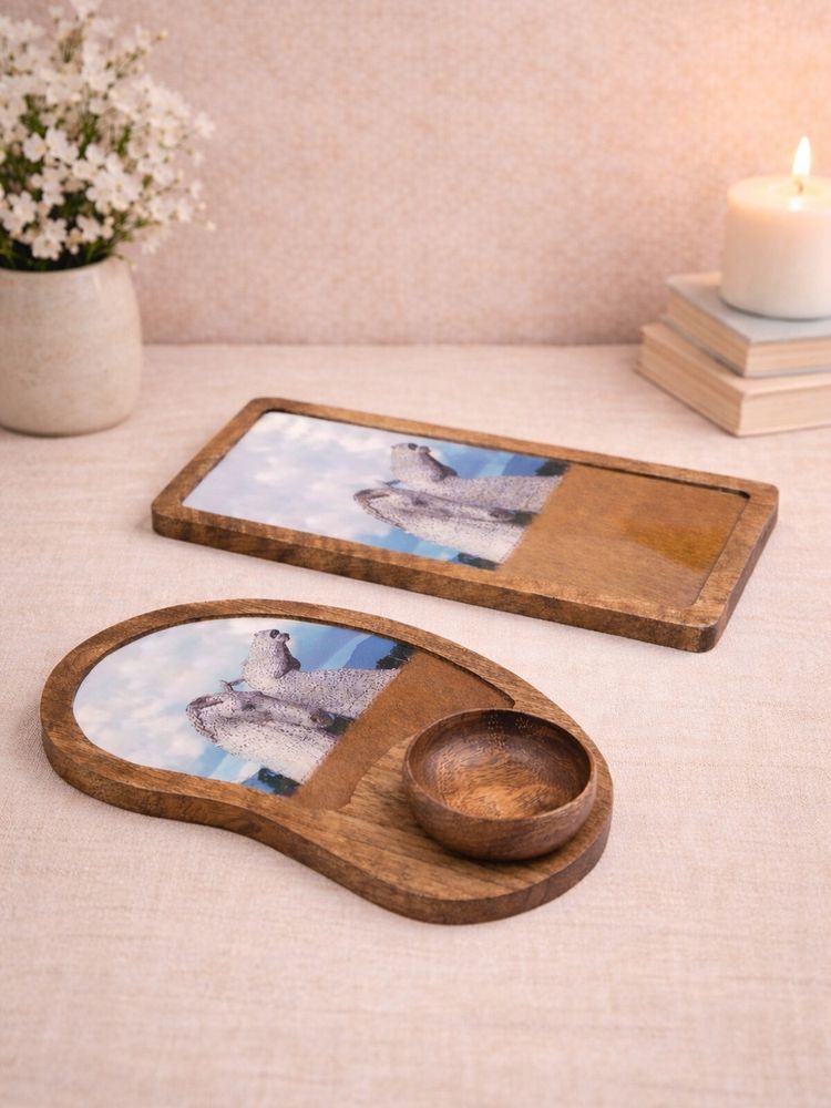 Golden Peacock Wooden Serving Tray Set with Bowl (2 Trays + 1 Bowl)-image-11