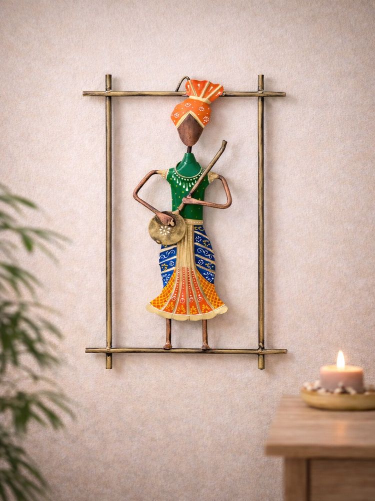 Golden Peacock Handcrafted Metal Folk Musician Wall Art Multicolour Ethnic Decor-image-48