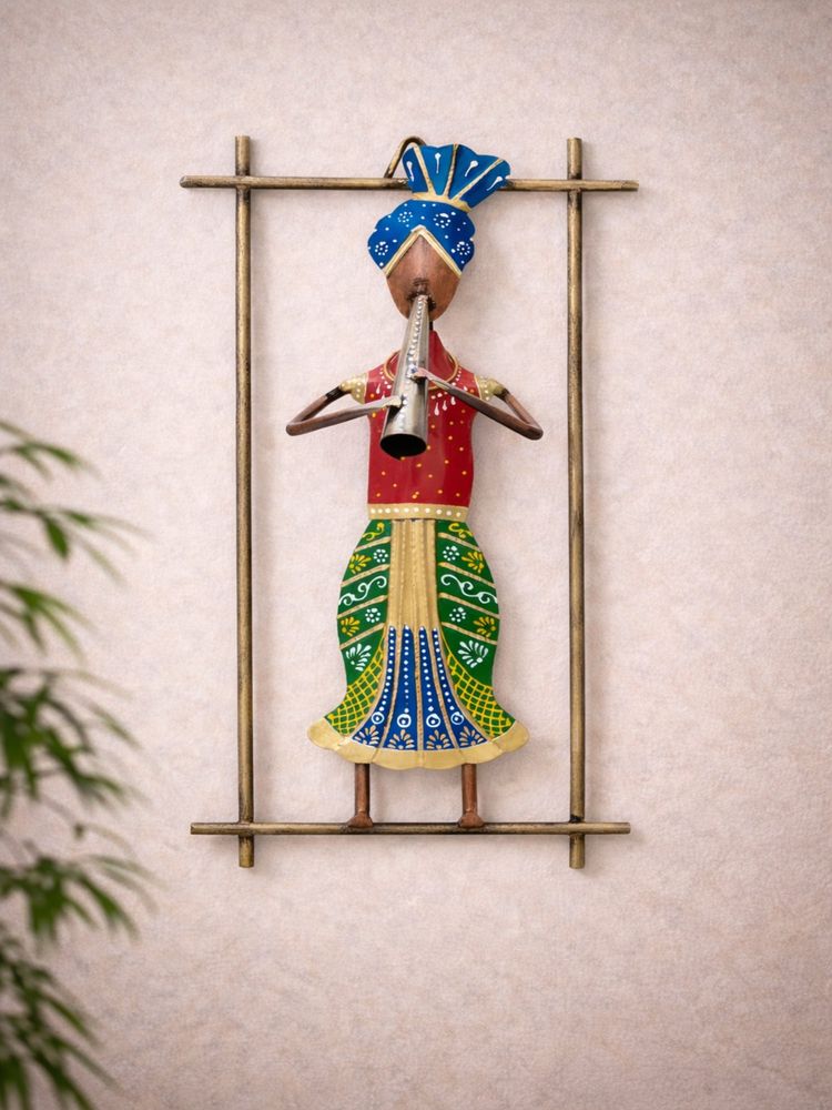 Golden Peacock Handcrafted Metal Shehnai Musician Wall Art Multicolour Ethnic Decor-image-49
