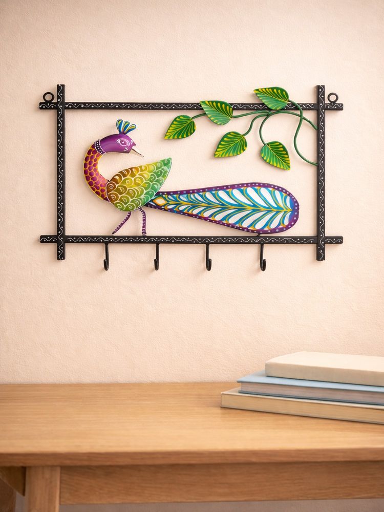 Golden Peacock Pink & Blue Textured Wall Hook Organiser with 5 Knobs-image-14