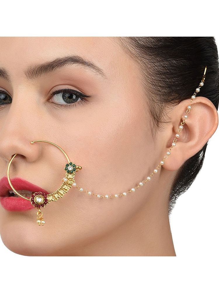 Zaveri Pearls Green & Red Stones & Pearl Chain Link Bridal Hoop Nose Ring - ZPFK8230-picture-23