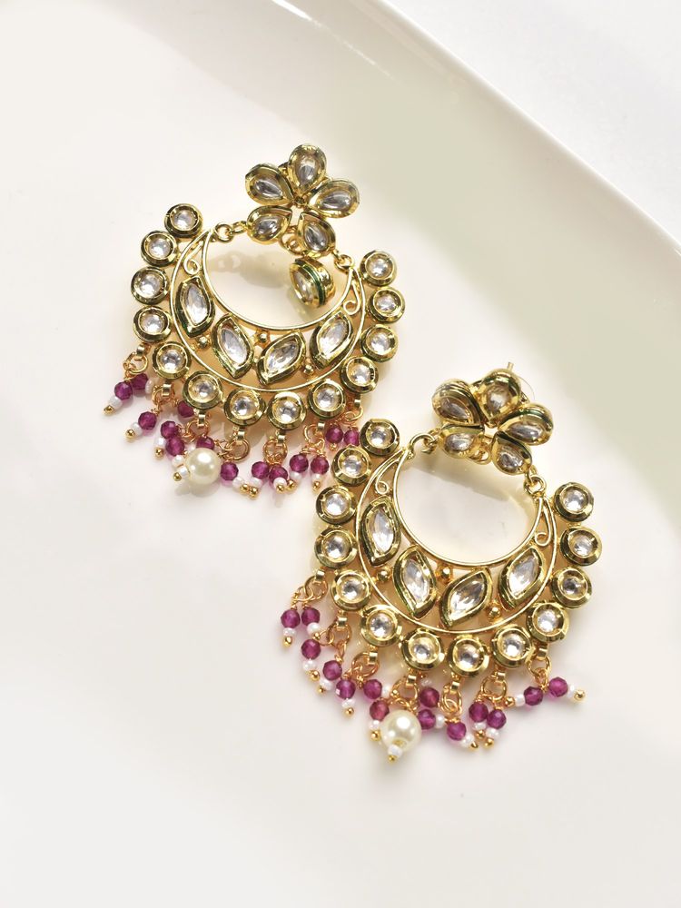 Peach Tassels Multi-Color Chandbali Kundan Earrings-picture-10