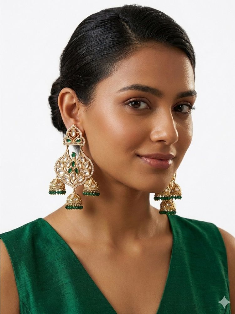 Peach Tassels Golden Multi-Color Stones Jhumka Earrings-image-4