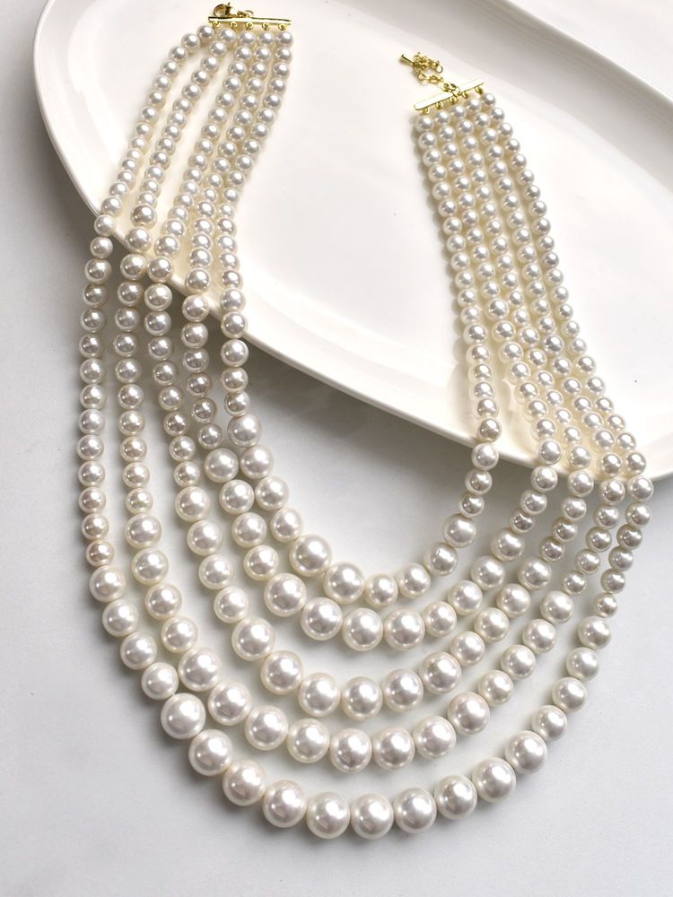 Peach Tassels White Classic Five Layered Pearl Necklace-image-6