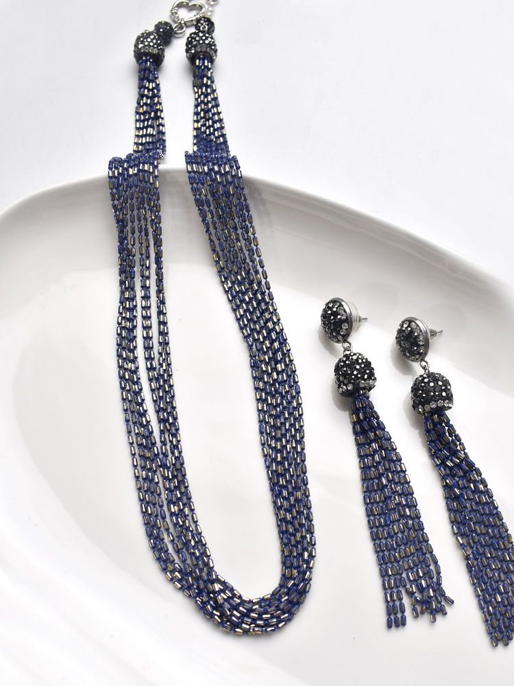 Peach Tassels Blue Beaded Necklace Set-image-30