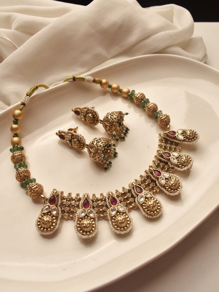 Peach Tassels Multi-Color Beads & Gemstones Golden Necklace Set-image-3