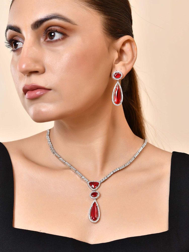 VOJ Silver-Plated Ad & Ruby Red Cubic Zirconia Studded Necklace Set-image-32
