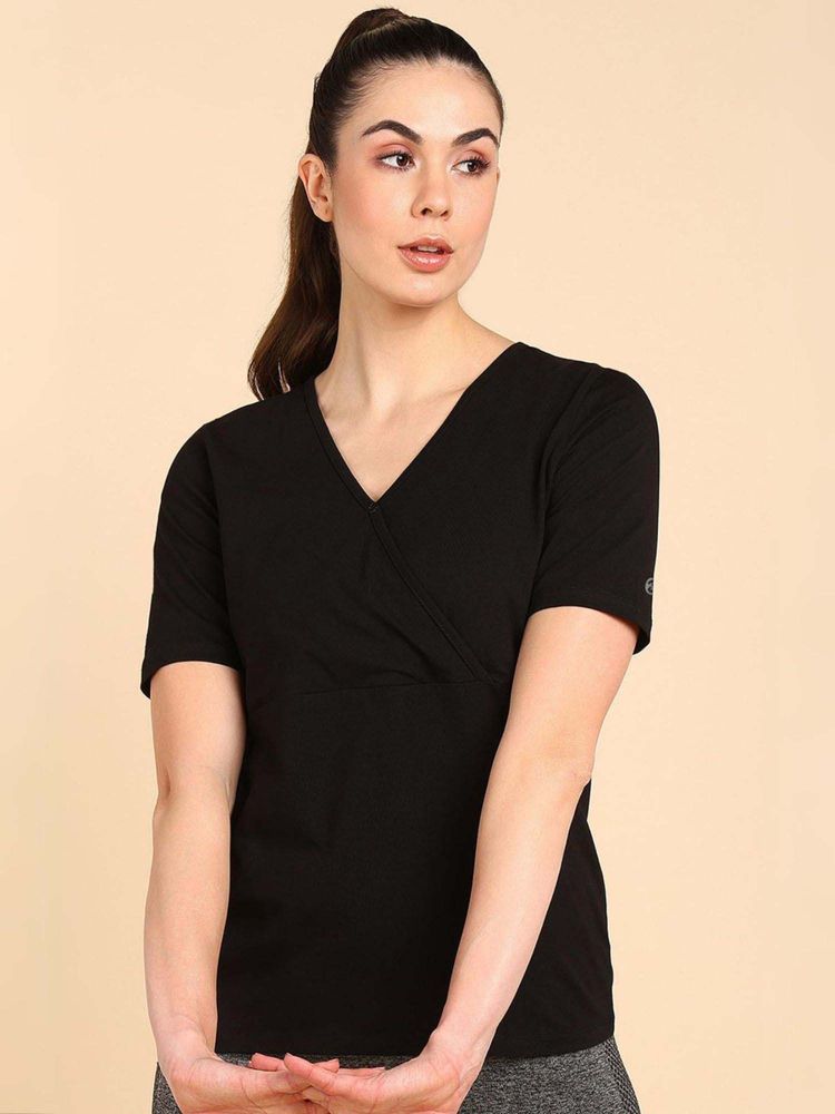 Zelena Women Cotton Half Sleeves Zipless Breastfeeding V Neck Top in Black-picture-11