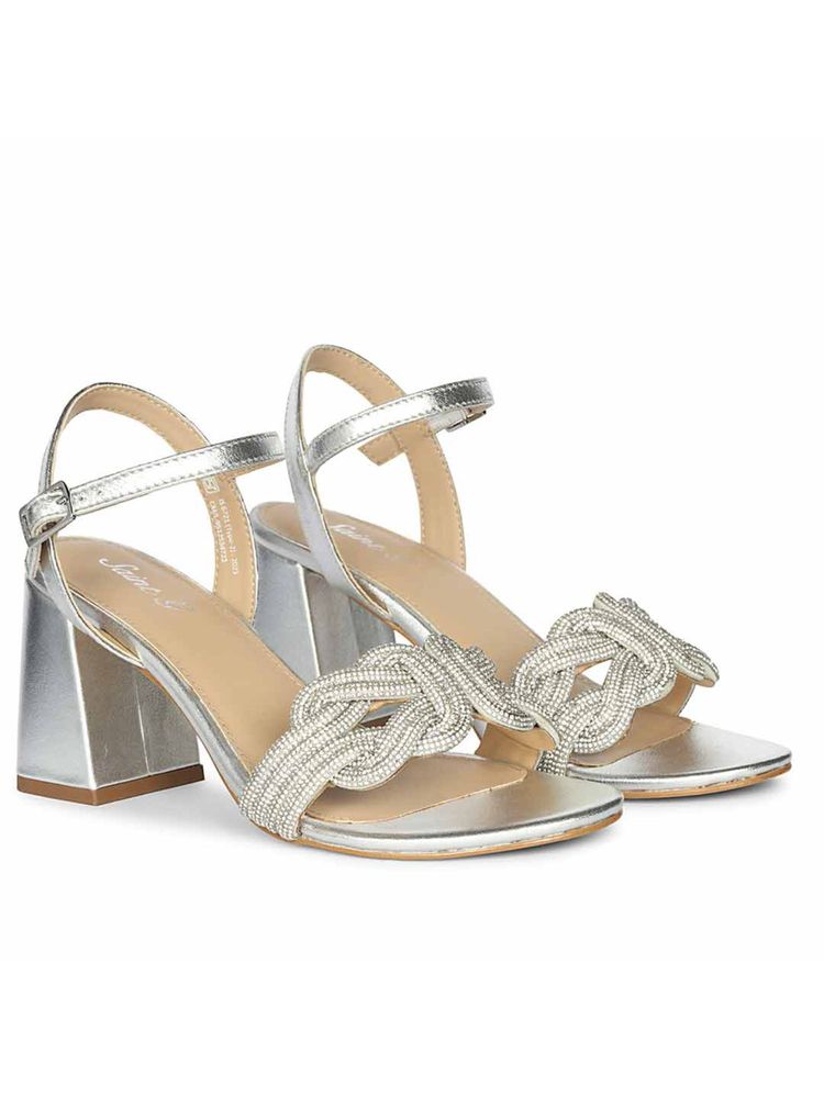 Saint G Women Silver Leather Block Sandal Heels-image-23