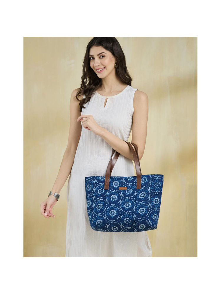 fabindia fashion Fabindia Blue Cotton Printed Tote Bag-picture-13