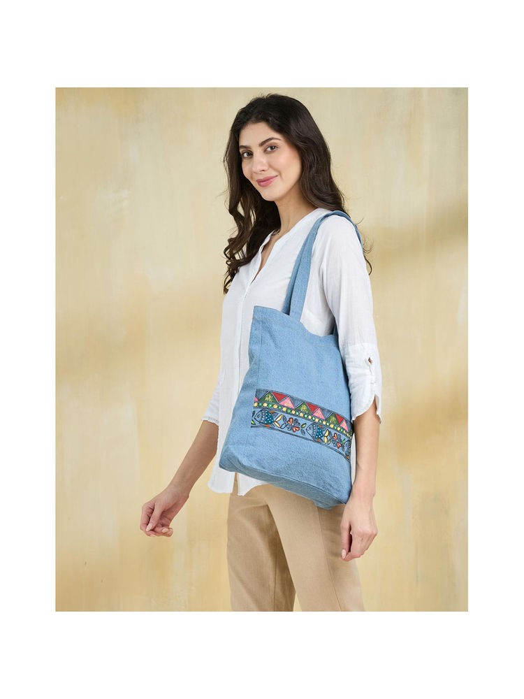 fabindia fashion Fabindia Light Blue Cotton Madhubani Print Tote Bag-picture-10