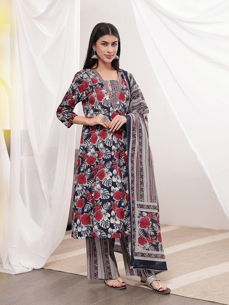 Zelena Cotton Maternity Kurta & Pant With Dupatta - Zip Feeding - Navy Blue-picture-14