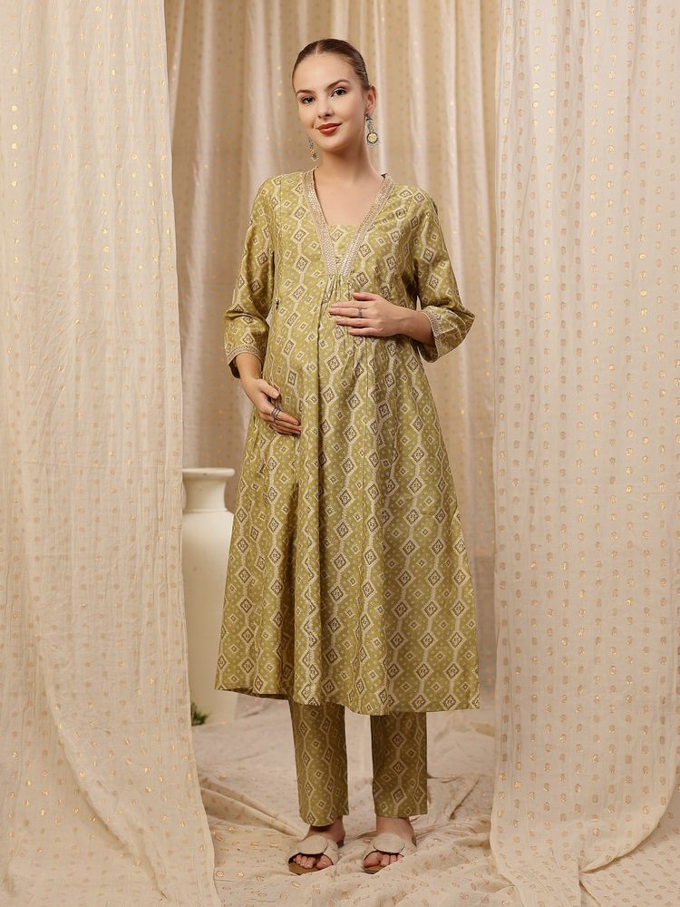 Zelena Rayon Maternity And Nursing Kurta With Pant - Postpartum Wear - Green-image-28