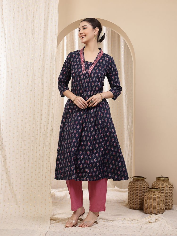 Zelena Cotton Maternity Kurta With Pant - Zip, Postpartum Wear - Navy Blue Floral-image-49