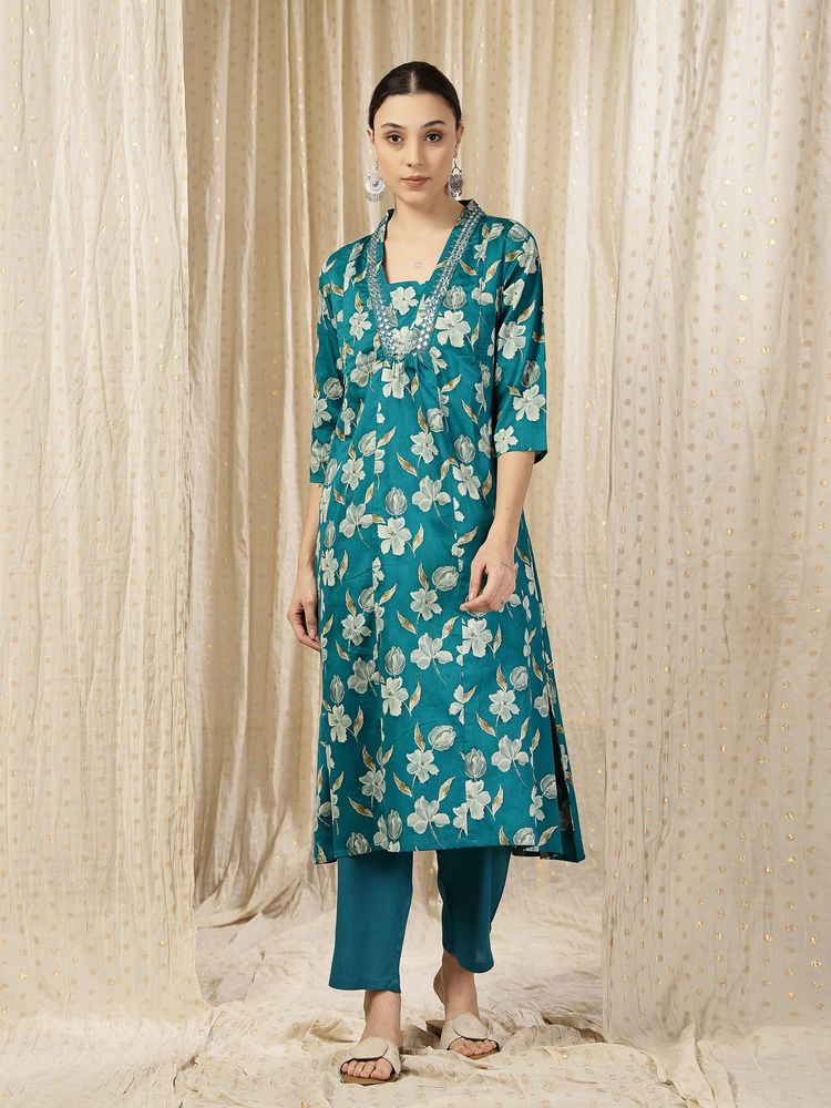Zelena Rayon Maternity Kurta With Pant - Zip Feeding, Postpartum Wear - Teal Green-image-29