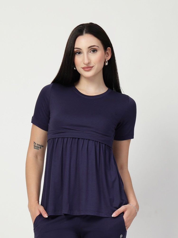 Zelena Viscose Maternity Feeding Top - Zipless, Stretchable And Soft Nursing Wear - Navy-image-9