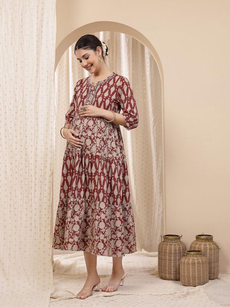 Zelena Ethnic Cotton Maternity Kurti - Zip Feeding And Pocket, Postpartum Wear - Rust-picture-28