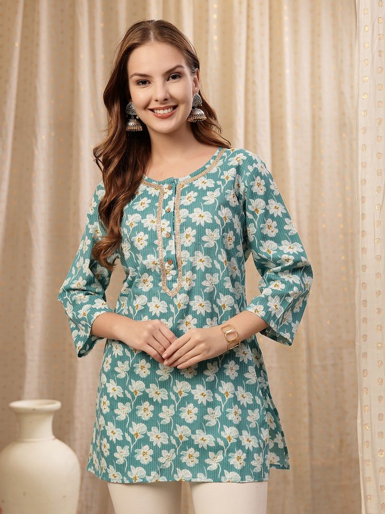 Zelena Cotton Zipless Short Kurti - Embroidered Neck, Maternity Nursing - Floral Teal-image-1