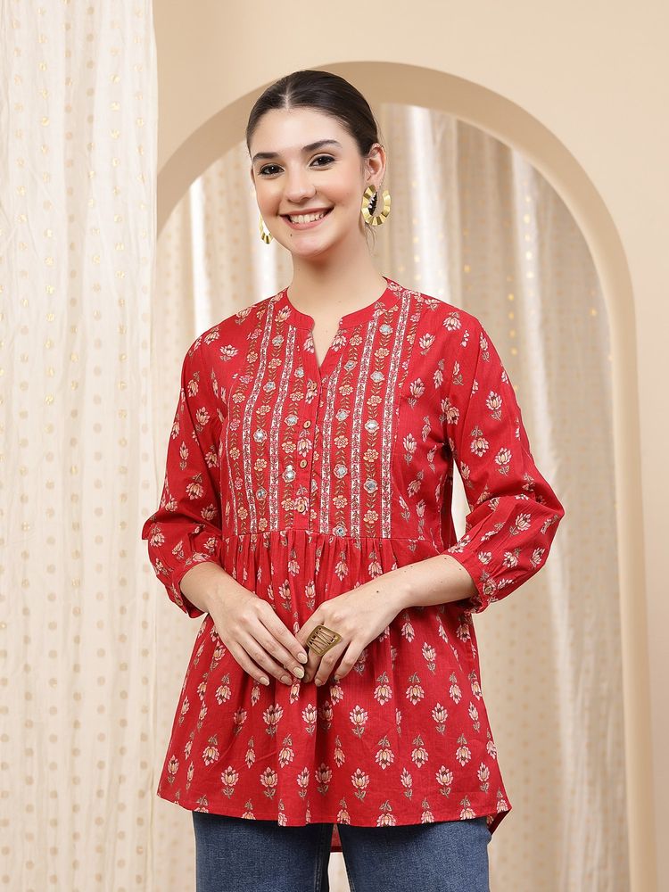 Zelena Cotton Maternity Peplum Top - Zipless Feeding With Pockets - Red-image-0