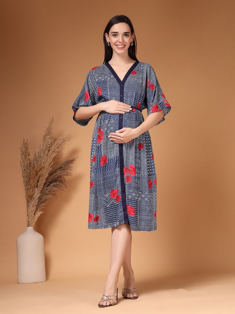 Zelena Floral Rayon Maternity Dress Button Down Nursing - Blue-picture-17