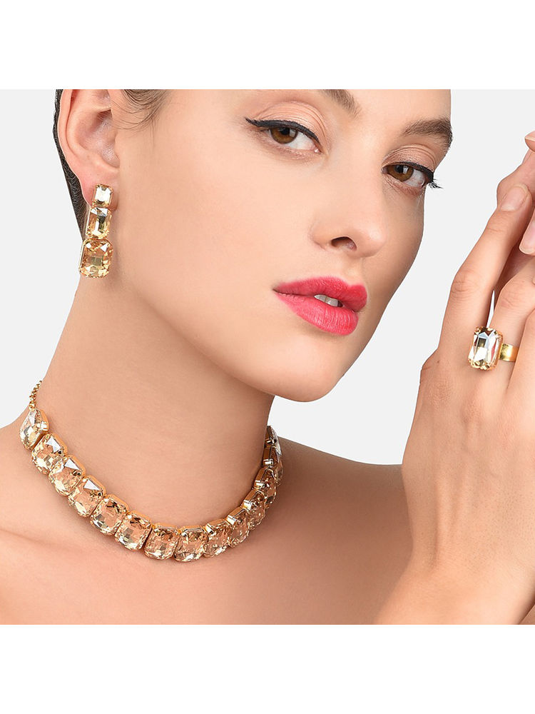 Zaveri Pearls Crystal Shine Stones Contemporary Necklace, Earring & Finger Ring Set - ZPFK8650