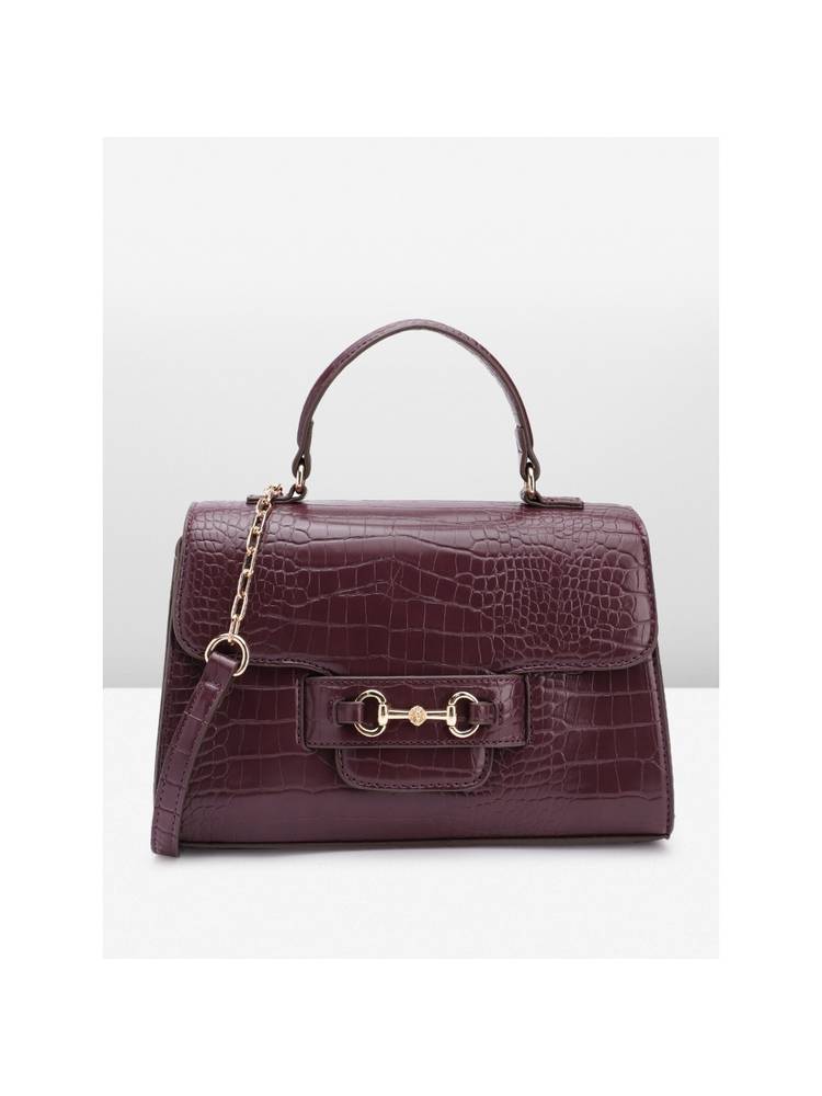 Anne Klein Women Convertible Horsebit Burgundy Textured Satchel Bag