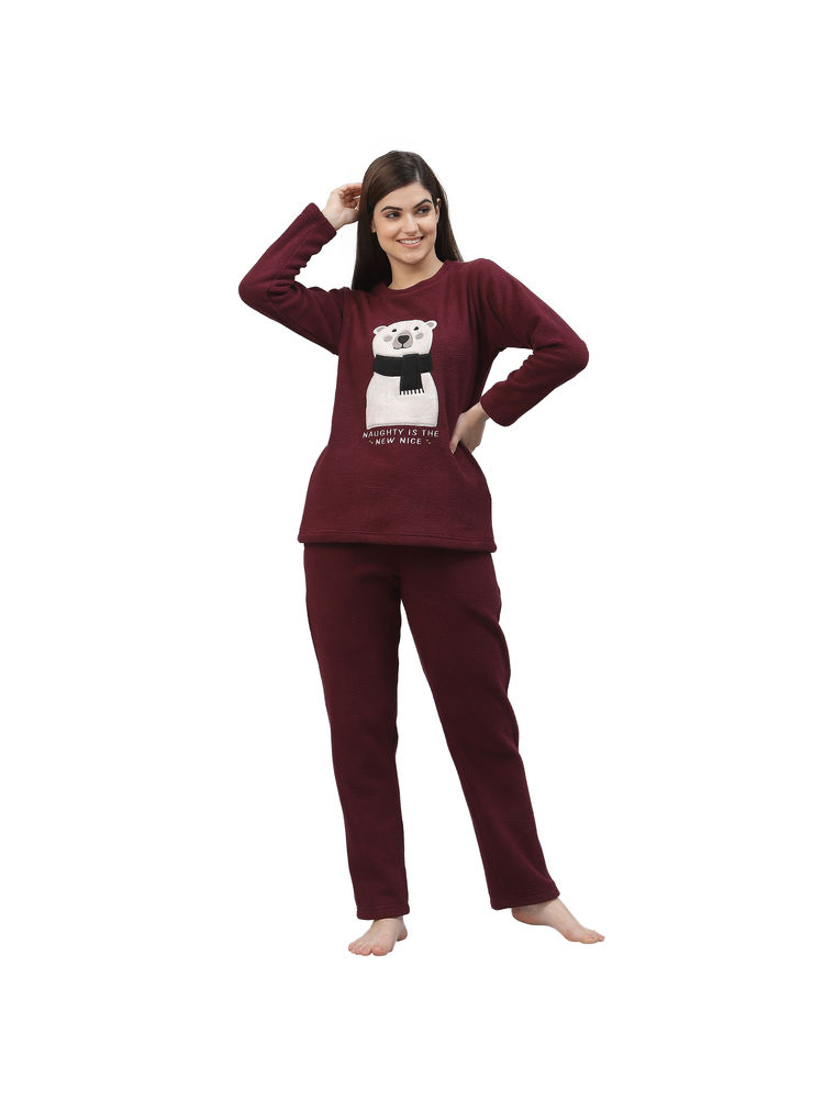 Sweet Dreams Women Applique Polar Fleece Round Neck Full Sleeve Winter Nightsuit-Wine-image-40