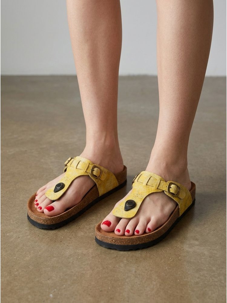 Carlton London Women's Embossed Printed Thong Yellow Sandals-picture-26