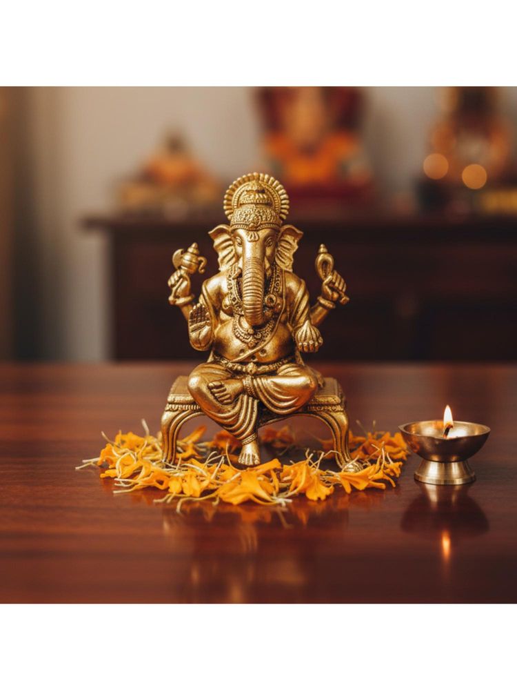 eCraftIndia Golden Brass Handcrafted Lord Ganesha Idol Statue Ganesh Murti For Home Temple Office-picture-11