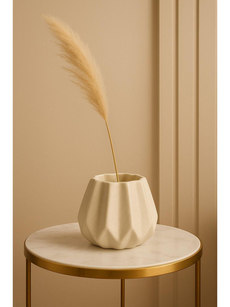 eCraftIndia Cream White Ceramic Geometric Design Flower Vase Bedroom Dining Table Home Decoration-image-3