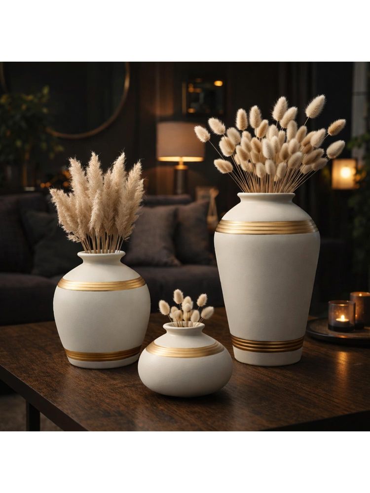 eCraftIndia Ceramic White Vase With Golden Line Pack Of 3 Home Decoration-image-15