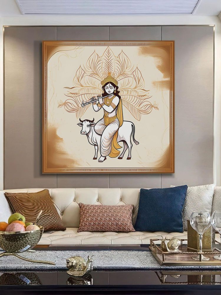 999Store Art Print - Lord Krishna Playing Flute On Cow With Intricate Gold Accents-image-28