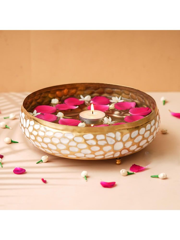 eCraftIndia Golden Metal Urli Bowl For Home Decoration Office Tv Unit Kitchen Showpiece-image-0