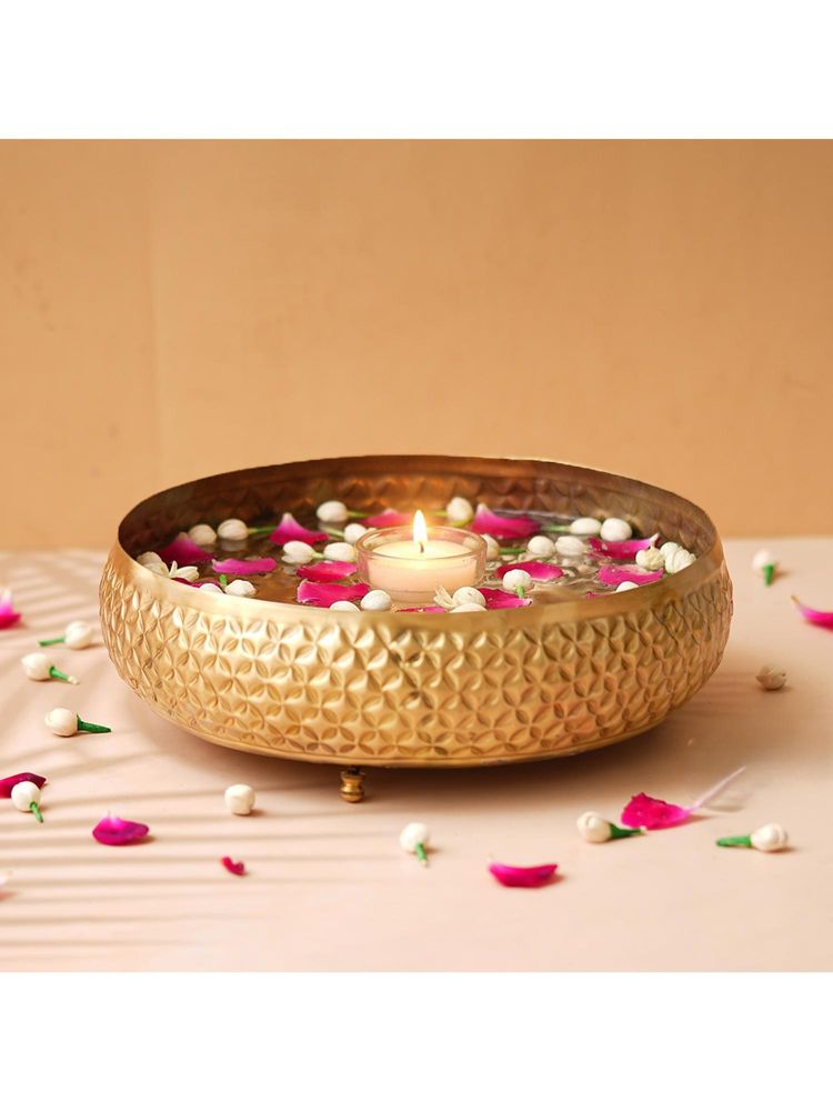 eCraftIndia Floral Designer Golden Metal Urli Bowl For Decoration Office Tv Unit Kitchen Showpiece-image-13