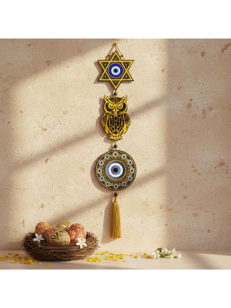 eCraftIndia Gold Foil Embossed Wooden Star Owl Evil Eye Wall Hanging For Home Office-picture-34