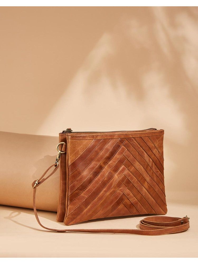 Fabindia Brown Leather Self Design Sling Bag (M)-image-44
